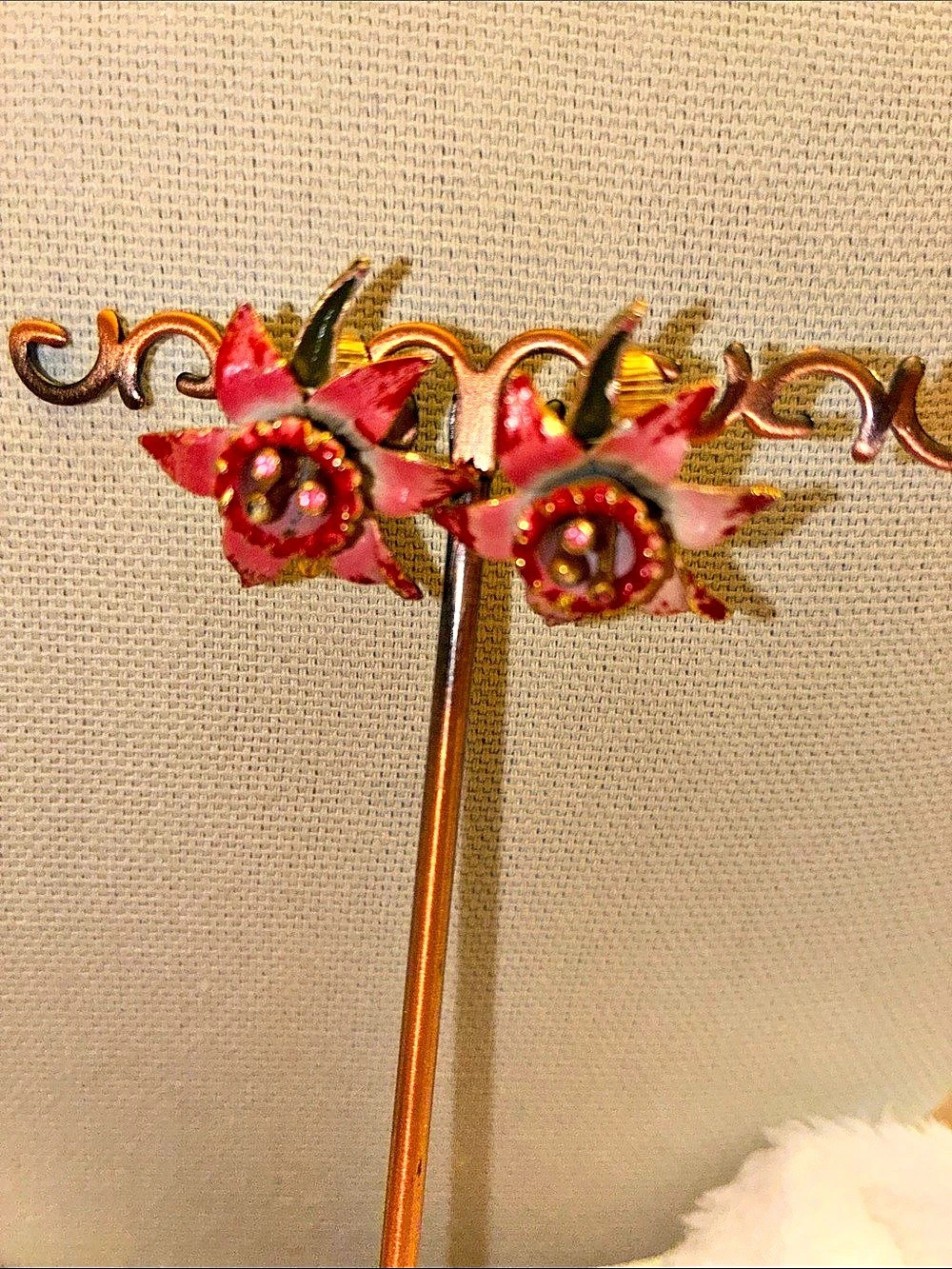 Vintage Daffodil l Gold & Pink Clip on Earrings with Rhinestone Accents Like New